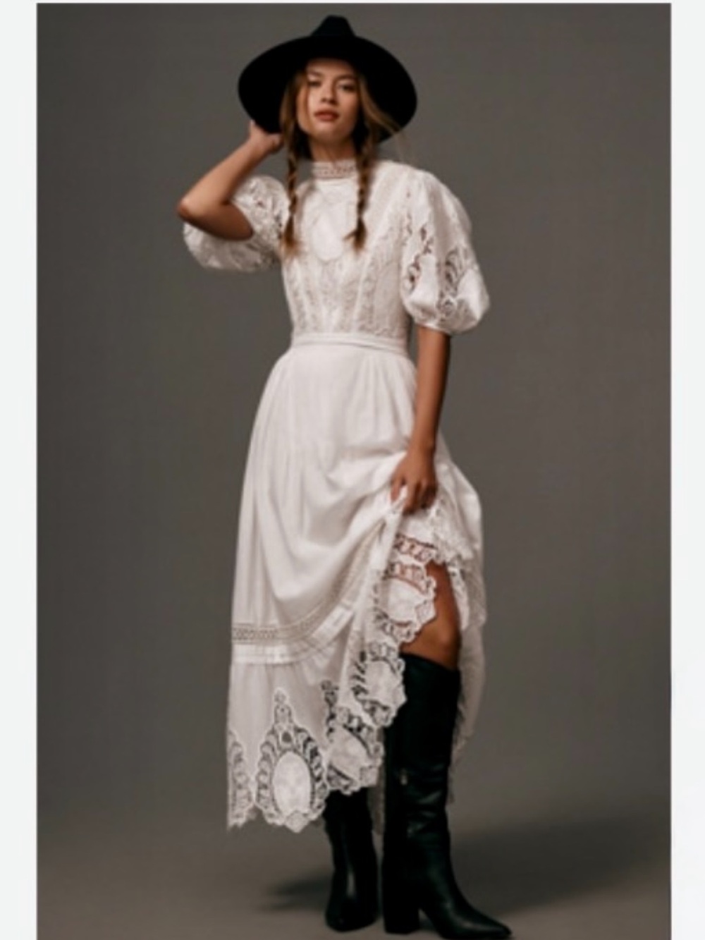 Anthropologie White Lace-Panel Puff Sleeve Midi Dress